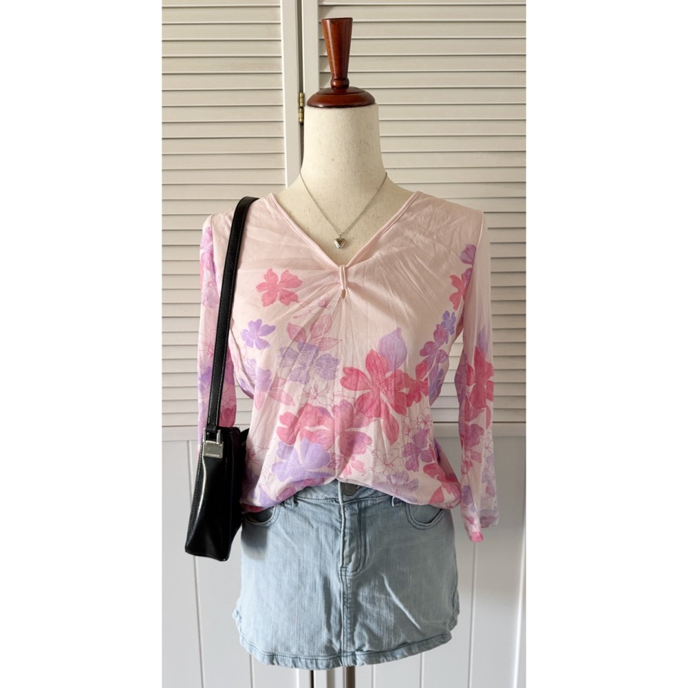 Liz Claiborne Mesh Layered Pink Y2K Lightweight Blouse Top